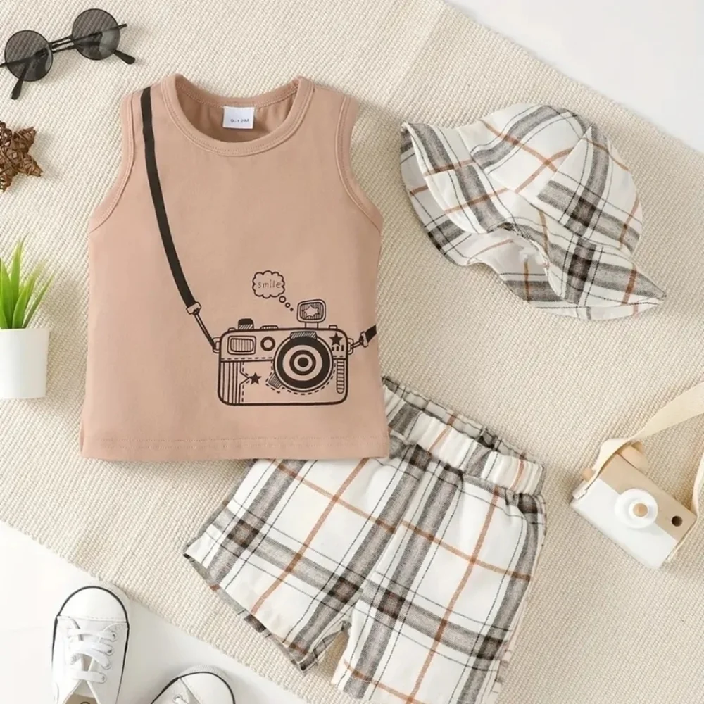 3pcs Baby Boys Cute Camera Graphic Print Tank Top & Plaid Shorts & Fisherman Hat
